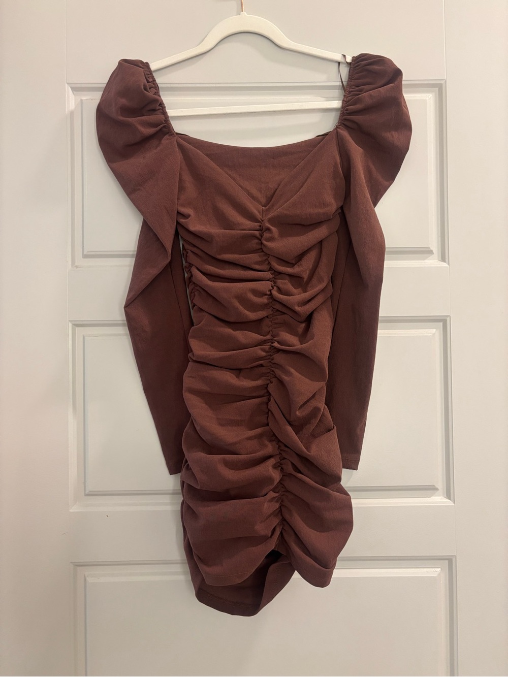Zara Ruched Puff-Sleeve Mini Dress in Brown